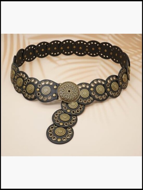 Western Leather Belt Boho Waist Belt for Dress Wide Disc Concho Belt main image 4